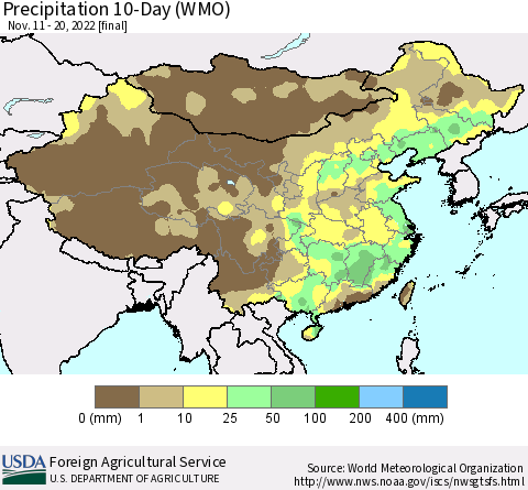 China, Mongolia and Taiwan Precipitation 10-Day (WMO) Thematic Map For 11/11/2022 - 11/20/2022