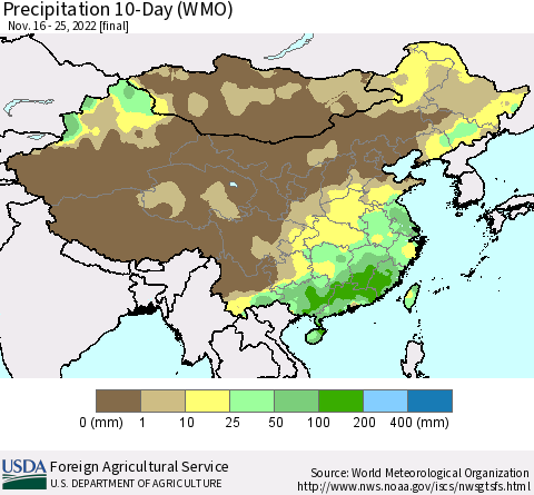 China, Mongolia and Taiwan Precipitation 10-Day (WMO) Thematic Map For 11/16/2022 - 11/25/2022