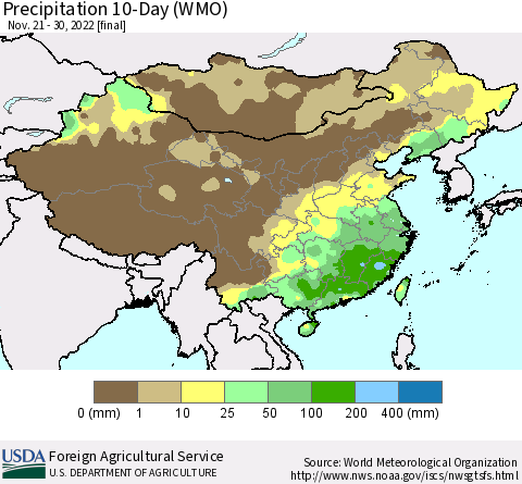 China, Mongolia and Taiwan Precipitation 10-Day (WMO) Thematic Map For 11/21/2022 - 11/30/2022