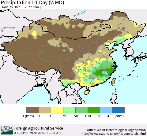 China, Mongolia and Taiwan Precipitation 10-Day (WMO) Thematic Map For 11/26/2022 - 12/5/2022