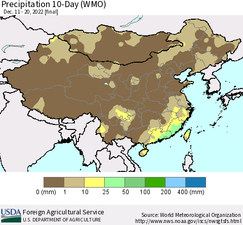 China, Mongolia and Taiwan Precipitation 10-Day (WMO) Thematic Map For 12/11/2022 - 12/20/2022
