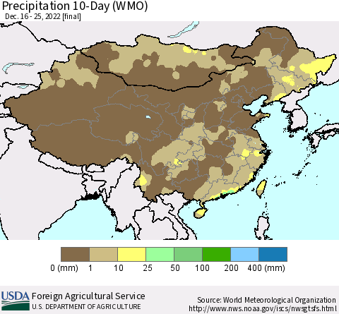 China, Mongolia and Taiwan Precipitation 10-Day (WMO) Thematic Map For 12/16/2022 - 12/25/2022