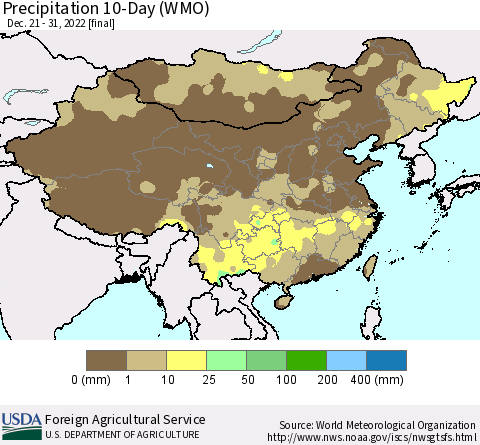 China, Mongolia and Taiwan Precipitation 10-Day (WMO) Thematic Map For 12/21/2022 - 12/31/2022