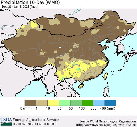 China, Mongolia and Taiwan Precipitation 10-Day (WMO) Thematic Map For 12/26/2022 - 1/5/2023
