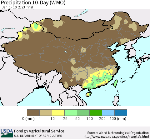 China, Mongolia and Taiwan Precipitation 10-Day (WMO) Thematic Map For 1/1/2023 - 1/10/2023