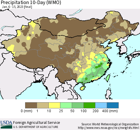 China, Mongolia and Taiwan Precipitation 10-Day (WMO) Thematic Map For 1/6/2023 - 1/15/2023