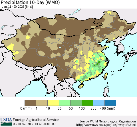 China, Mongolia and Taiwan Precipitation 10-Day (WMO) Thematic Map For 1/11/2023 - 1/20/2023