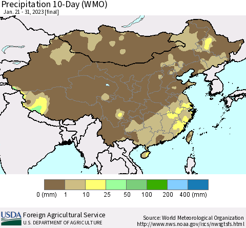 China, Mongolia and Taiwan Precipitation 10-Day (WMO) Thematic Map For 1/21/2023 - 1/31/2023