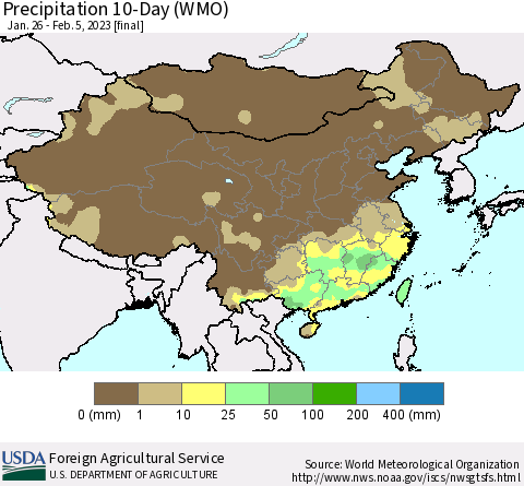 China, Mongolia and Taiwan Precipitation 10-Day (WMO) Thematic Map For 1/26/2023 - 2/5/2023