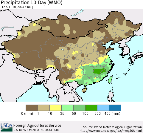 China, Mongolia and Taiwan Precipitation 10-Day (WMO) Thematic Map For 2/1/2023 - 2/10/2023