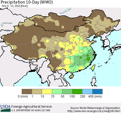 China, Mongolia and Taiwan Precipitation 10-Day (WMO) Thematic Map For 2/6/2023 - 2/15/2023