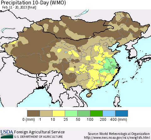 China, Mongolia and Taiwan Precipitation 10-Day (WMO) Thematic Map For 2/11/2023 - 2/20/2023