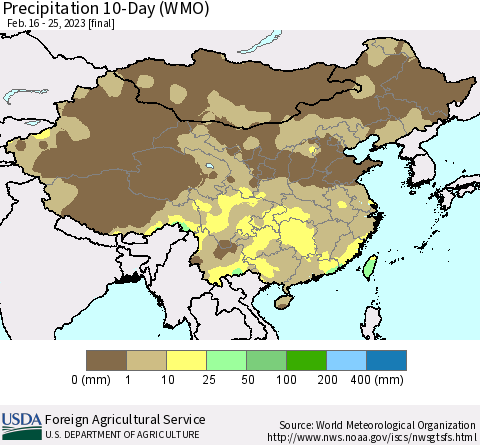 China, Mongolia and Taiwan Precipitation 10-Day (WMO) Thematic Map For 2/16/2023 - 2/25/2023