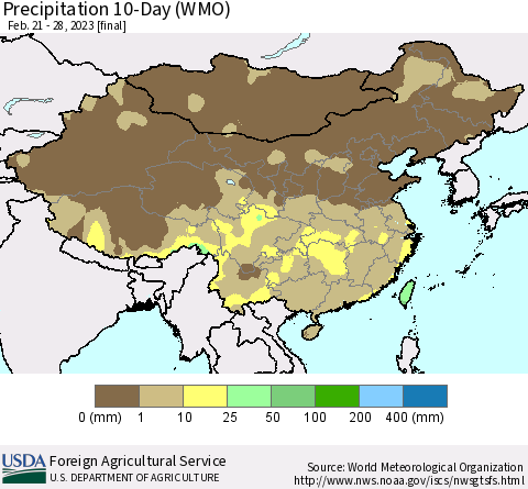 China, Mongolia and Taiwan Precipitation 10-Day (WMO) Thematic Map For 2/21/2023 - 2/28/2023