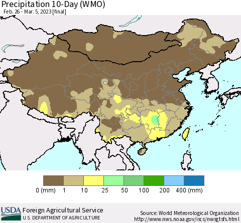 China, Mongolia and Taiwan Precipitation 10-Day (WMO) Thematic Map For 2/26/2023 - 3/5/2023