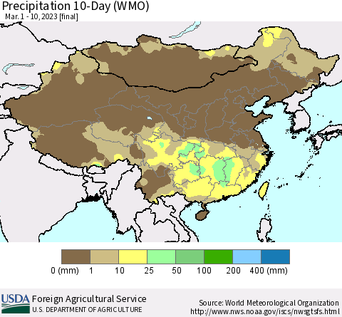 China, Mongolia and Taiwan Precipitation 10-Day (WMO) Thematic Map For 3/1/2023 - 3/10/2023
