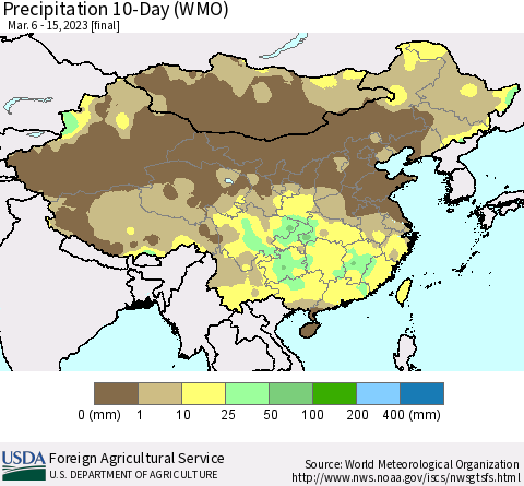 China, Mongolia and Taiwan Precipitation 10-Day (WMO) Thematic Map For 3/6/2023 - 3/15/2023