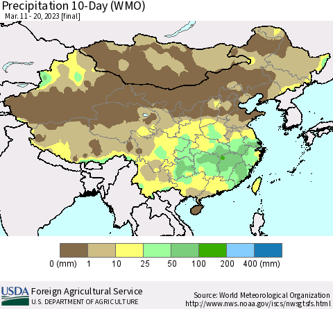 China, Mongolia and Taiwan Precipitation 10-Day (WMO) Thematic Map For 3/11/2023 - 3/20/2023