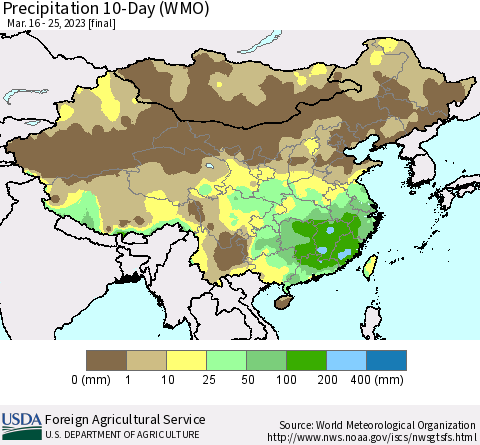 China, Mongolia and Taiwan Precipitation 10-Day (WMO) Thematic Map For 3/16/2023 - 3/25/2023