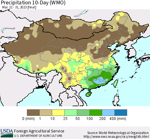 China, Mongolia and Taiwan Precipitation 10-Day (WMO) Thematic Map For 3/21/2023 - 3/31/2023