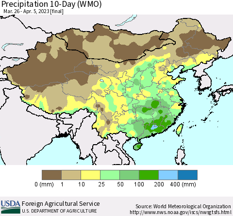 China, Mongolia and Taiwan Precipitation 10-Day (WMO) Thematic Map For 3/26/2023 - 4/5/2023