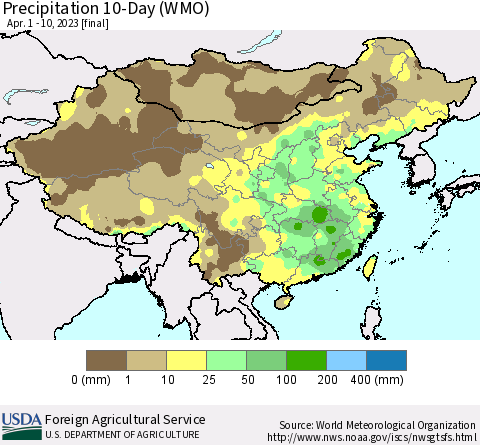 China, Mongolia and Taiwan Precipitation 10-Day (WMO) Thematic Map For 4/1/2023 - 4/10/2023