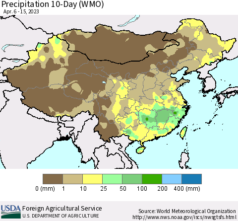 China, Mongolia and Taiwan Precipitation 10-Day (WMO) Thematic Map For 4/6/2023 - 4/15/2023