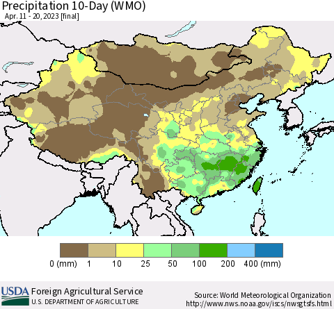 China, Mongolia and Taiwan Precipitation 10-Day (WMO) Thematic Map For 4/11/2023 - 4/20/2023