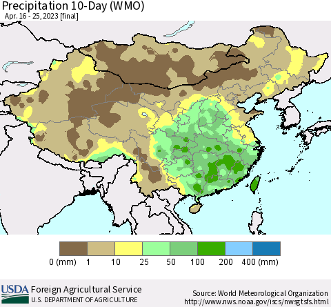 China, Mongolia and Taiwan Precipitation 10-Day (WMO) Thematic Map For 4/16/2023 - 4/25/2023