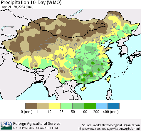 China, Mongolia and Taiwan Precipitation 10-Day (WMO) Thematic Map For 4/21/2023 - 4/30/2023