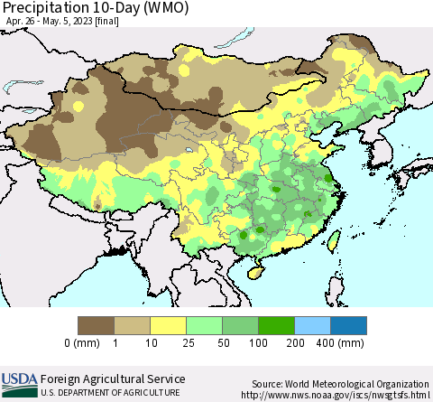 China, Mongolia and Taiwan Precipitation 10-Day (WMO) Thematic Map For 4/26/2023 - 5/5/2023