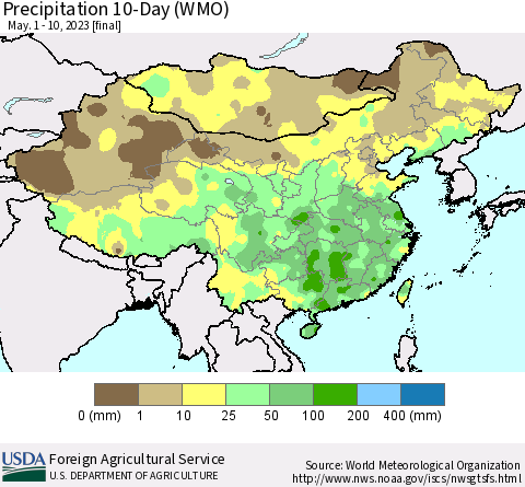 China, Mongolia and Taiwan Precipitation 10-Day (WMO) Thematic Map For 5/1/2023 - 5/10/2023