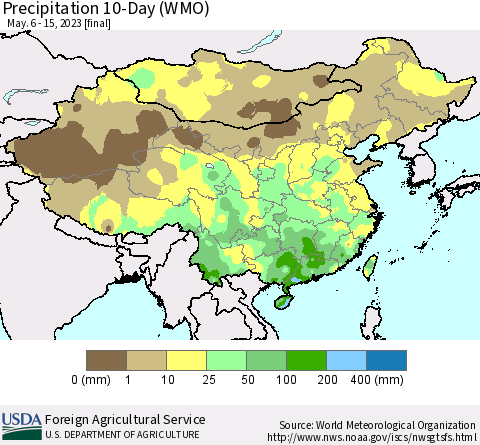 China, Mongolia and Taiwan Precipitation 10-Day (WMO) Thematic Map For 5/6/2023 - 5/15/2023