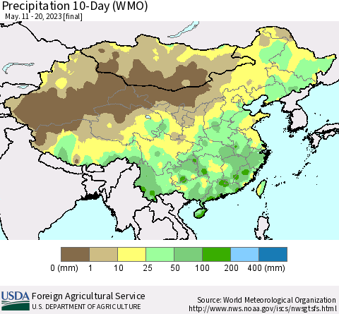 China, Mongolia and Taiwan Precipitation 10-Day (WMO) Thematic Map For 5/11/2023 - 5/20/2023