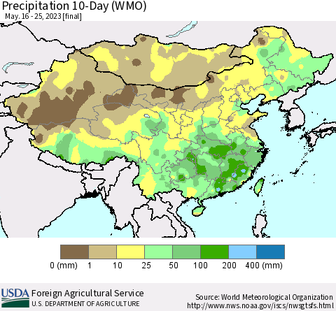 China, Mongolia and Taiwan Precipitation 10-Day (WMO) Thematic Map For 5/16/2023 - 5/25/2023