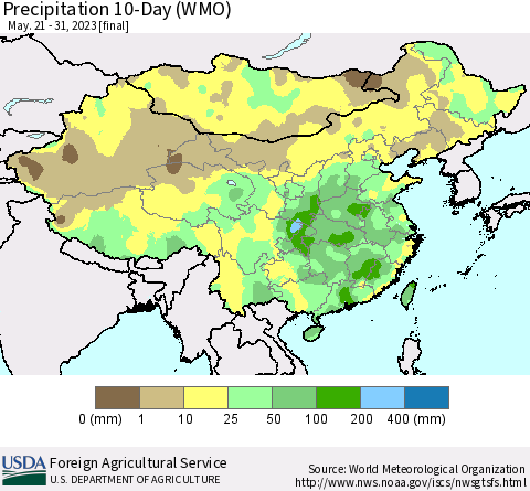 China, Mongolia and Taiwan Precipitation 10-Day (WMO) Thematic Map For 5/21/2023 - 5/31/2023