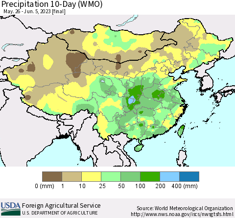 China, Mongolia and Taiwan Precipitation 10-Day (WMO) Thematic Map For 5/26/2023 - 6/5/2023