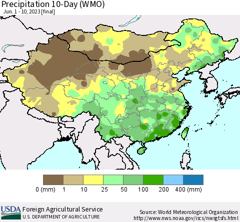 China, Mongolia and Taiwan Precipitation 10-Day (WMO) Thematic Map For 6/1/2023 - 6/10/2023