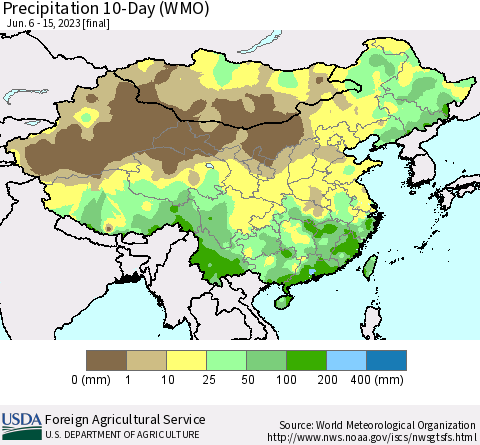 China, Mongolia and Taiwan Precipitation 10-Day (WMO) Thematic Map For 6/6/2023 - 6/15/2023