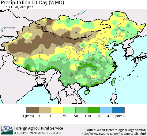 China, Mongolia and Taiwan Precipitation 10-Day (WMO) Thematic Map For 6/11/2023 - 6/20/2023