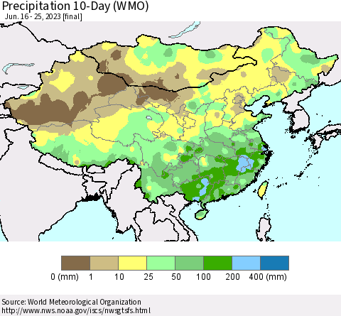 China, Mongolia and Taiwan Precipitation 10-Day (WMO) Thematic Map For 6/16/2023 - 6/25/2023