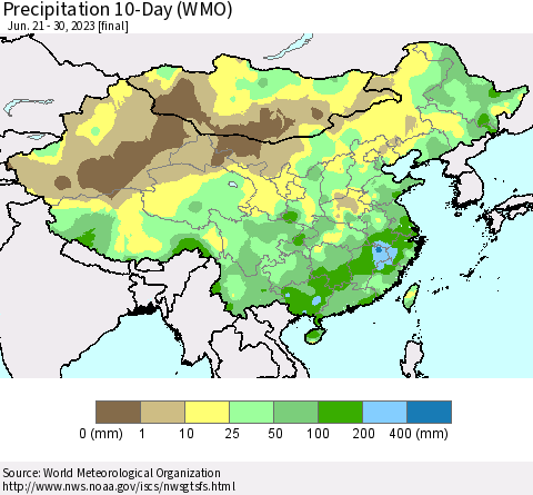 China, Mongolia and Taiwan Precipitation 10-Day (WMO) Thematic Map For 6/21/2023 - 6/30/2023