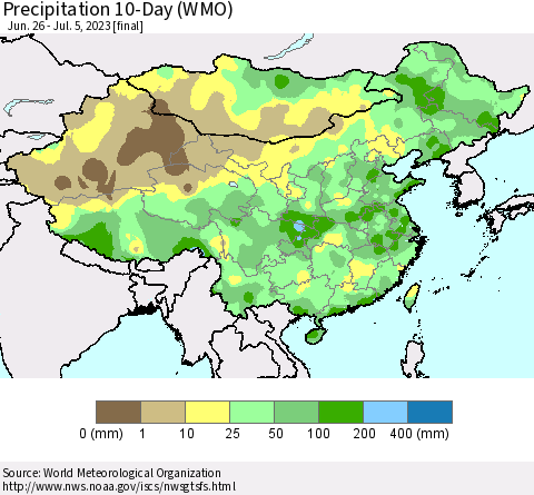 China, Mongolia and Taiwan Precipitation 10-Day (WMO) Thematic Map For 6/26/2023 - 7/5/2023
