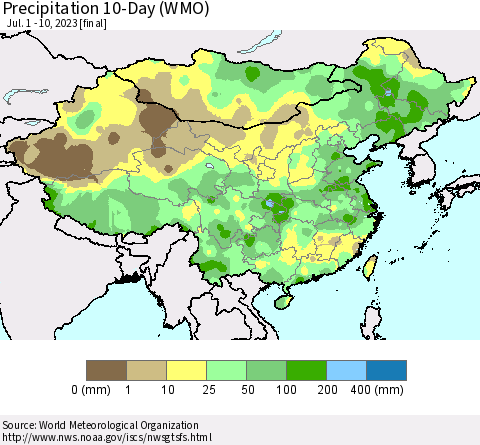 China, Mongolia and Taiwan Precipitation 10-Day (WMO) Thematic Map For 7/1/2023 - 7/10/2023