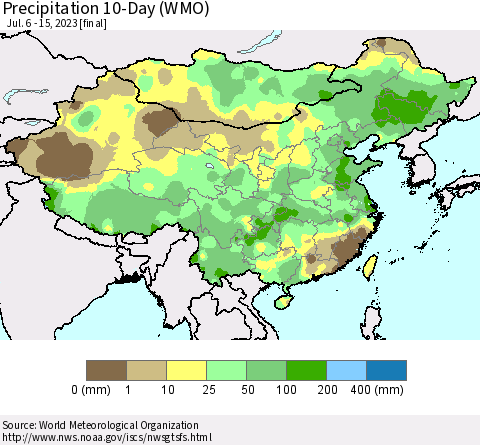 China, Mongolia and Taiwan Precipitation 10-Day (WMO) Thematic Map For 7/6/2023 - 7/15/2023