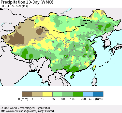 China, Mongolia and Taiwan Precipitation 10-Day (WMO) Thematic Map For 7/11/2023 - 7/20/2023
