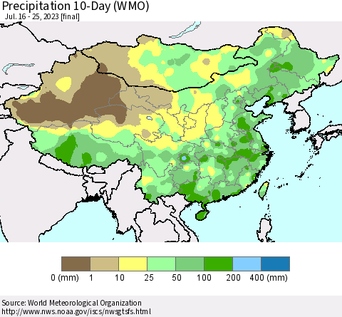 China, Mongolia and Taiwan Precipitation 10-Day (WMO) Thematic Map For 7/16/2023 - 7/25/2023
