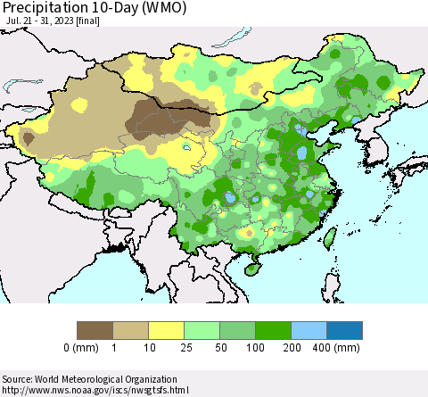 China, Mongolia and Taiwan Precipitation 10-Day (WMO) Thematic Map For 7/21/2023 - 7/31/2023