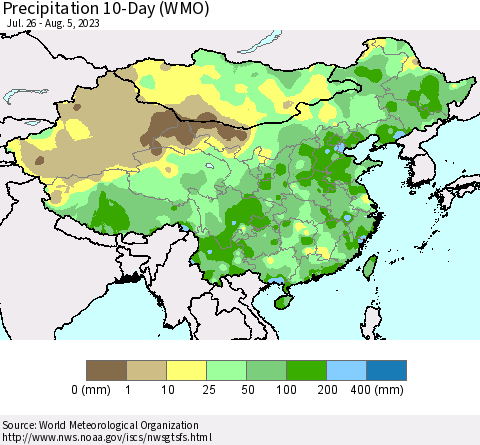 China, Mongolia and Taiwan Precipitation 10-Day (WMO) Thematic Map For 7/26/2023 - 8/5/2023