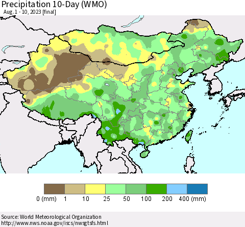 China, Mongolia and Taiwan Precipitation 10-Day (WMO) Thematic Map For 8/1/2023 - 8/10/2023